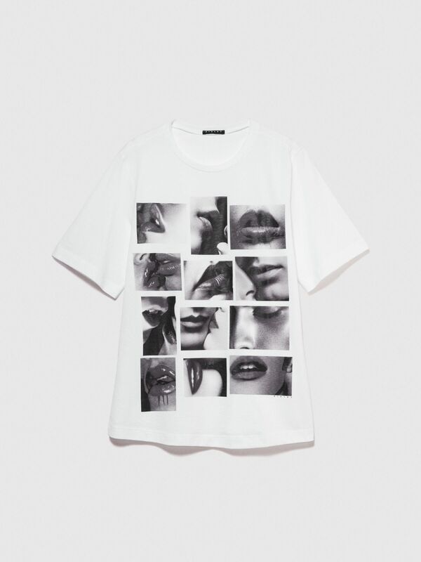 %100 Pamuk Önü Folyo Baskılı Bisiklet Yaka T-Shirt Kadın Beyaz T-Shirt - 324P3096L104X