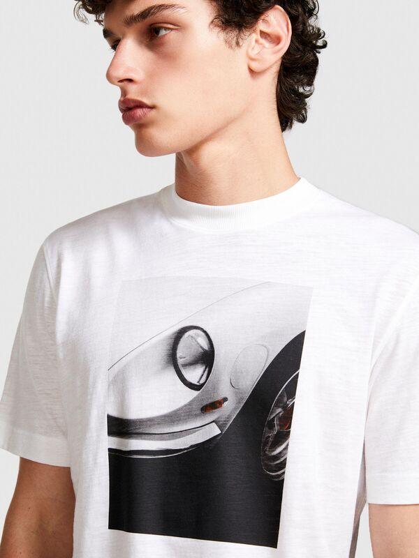 %100 Pamuk Önü Fotoğraf Baskılı Bisiklet Yaka T-Shirt Erkek Beyaz T-Shirt - 324P3WF0S103M