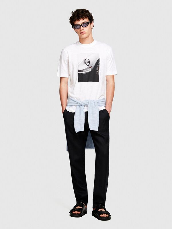 %100 Pamuk Önü Fotoğraf Baskılı Bisiklet Yaka T-Shirt Erkek Beyaz T-Shirt - 324P3WF0S103M