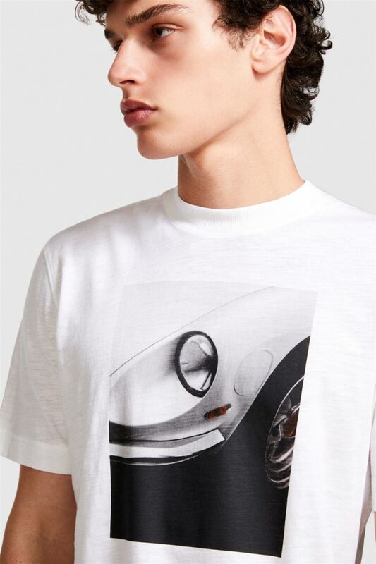 %100 Pamuk Önü Fotoğraf Baskılı Bisiklet Yaka T-Shirt Erkek Beyaz T-Shirt - 324P3WF0S103M