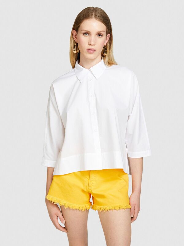 %100 Pamuk Önü Kısa A Kesim Gömlek Kadın Beyaz Gömlek - 324P5WMELQ06N