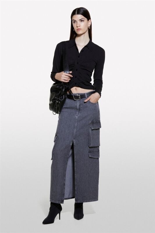 %100 Pamuk Önü Yırtmaçlı Cep Detaylı Uzun Etek Kadın Siyah Etek - 324A4AGWL0025