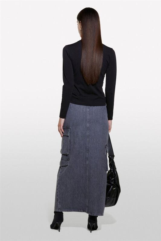 %100 Pamuk Önü Yırtmaçlı Cep Detaylı Uzun Etek Kadın Siyah Etek - 324A4AGWL0025