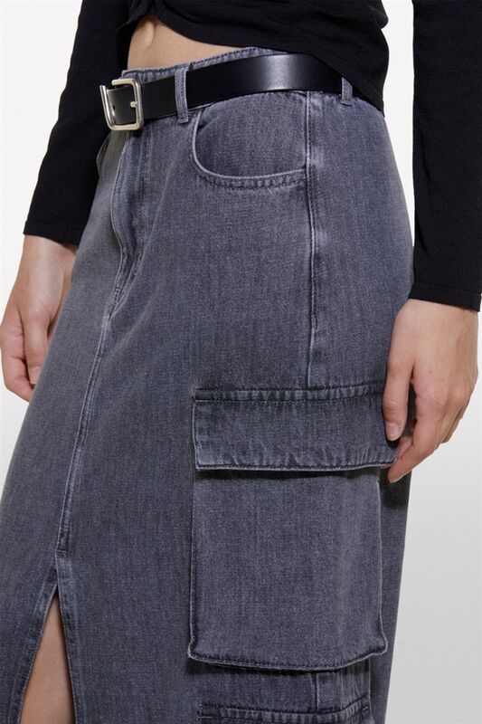 %100 Pamuk Önü Yırtmaçlı Cep Detaylı Uzun Etek Kadın Siyah Etek - 324A4AGWL0025