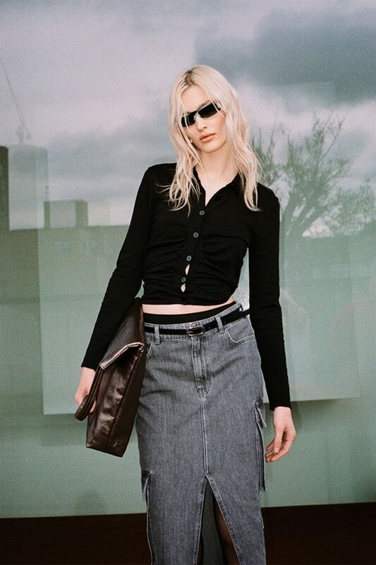 %100 Pamuk Önü Yırtmaçlı Cep Detaylı Uzun Etek Kadın Siyah Etek - 324A4AGWL0025