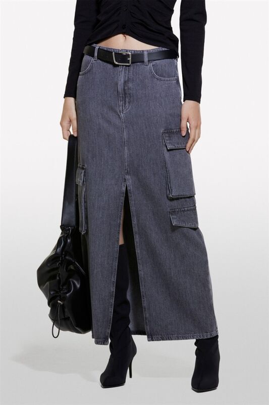 Sisley - %100 Pamuk Önü Yırtmaçlı Cep Detaylı Uzun Etek Kadın Siyah Etek - 324A4AGWL0025