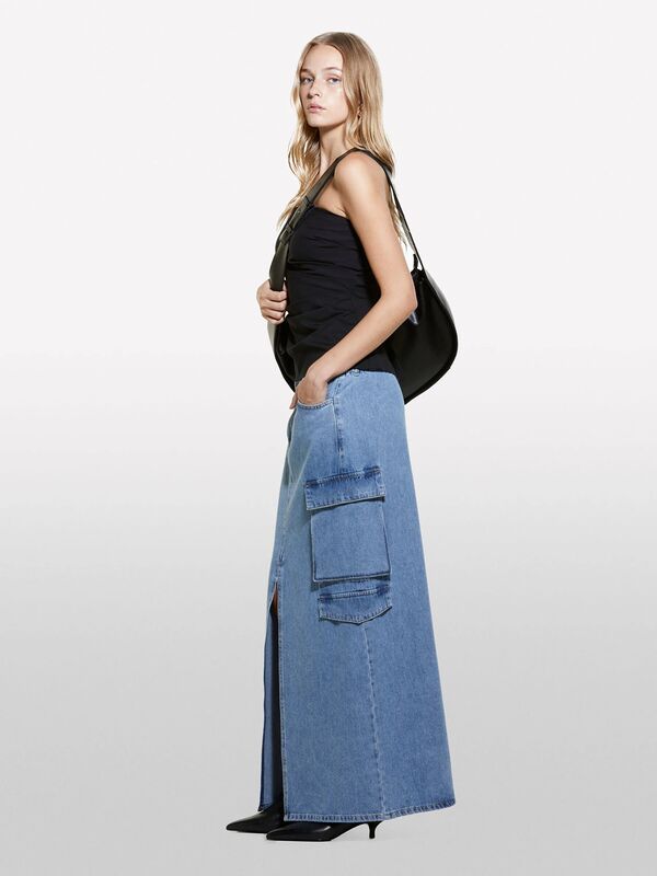 %100 Pamuk Önü Yırtmaçlı Cep Detaylı Uzun Etek Kadın Siyah Mix Etek - 324A4AGWL0025