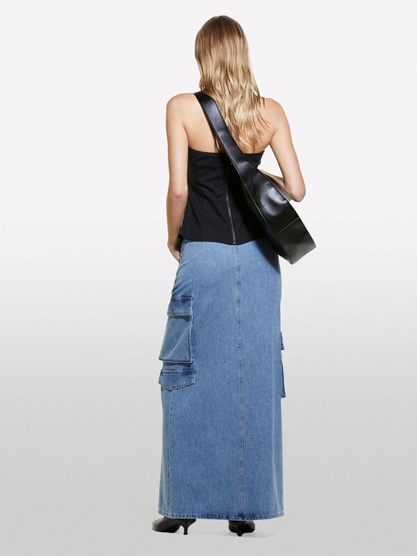 %100 Pamuk Önü Yırtmaçlı Cep Detaylı Uzun Etek Kadın Siyah Mix Etek - 324A4AGWL0025