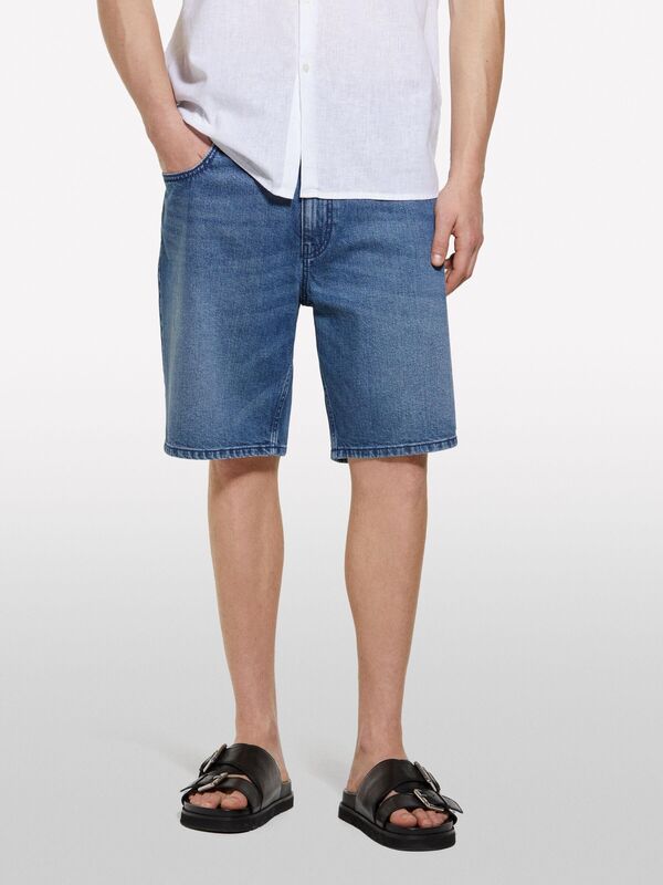 %100 Pamuk Orta Bel Regular Fit Denim Şort Erkek Mavi Denim Şort - 325P4MCPS9019