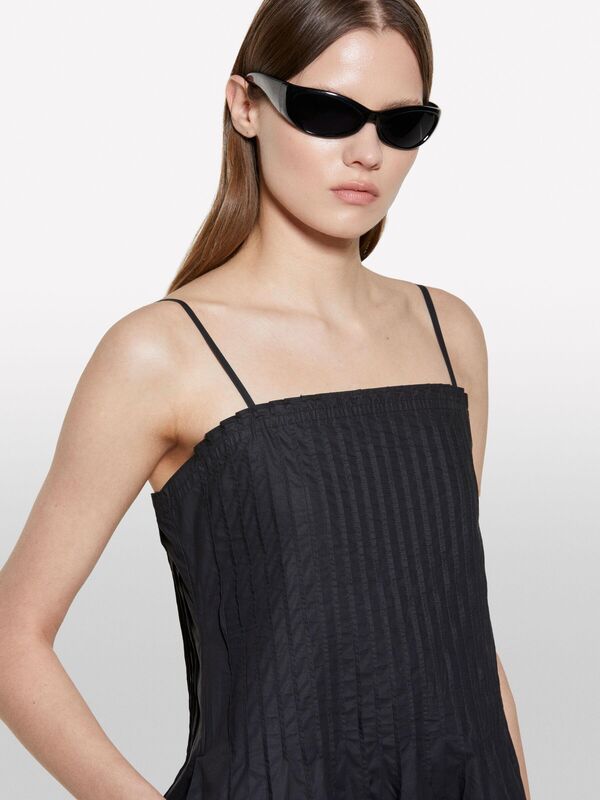 %100 Pamuk Pileli Düz Yaka Askılı Poplin Elbise Kadın Siyah Elbise - 325P4XUCLV076