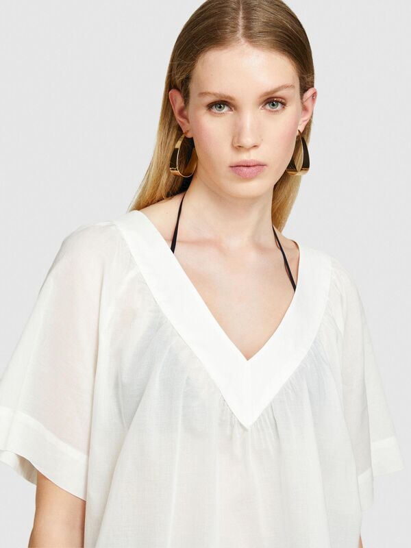 %100 Pamuk Pileli V Yaka Bluz Kadın Kırık Beyaz Bluz - 324P5HO1LQ06Q