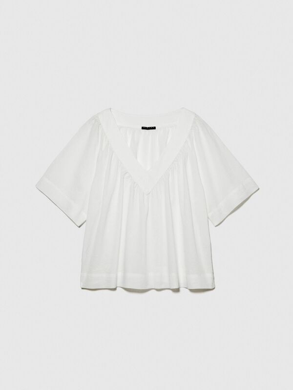 Sisley - %100 Pamuk Pileli V Yaka Bluz Kadın Kırık Beyaz Bluz - 324P5HO1LQ06Q