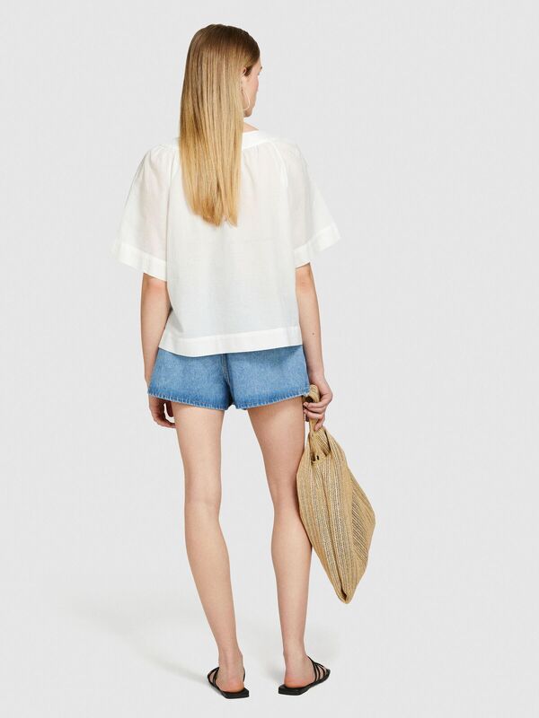 %100 Pamuk Pileli V Yaka Bluz Kadın Kırık Beyaz Bluz - 324P5HO1LQ06Q