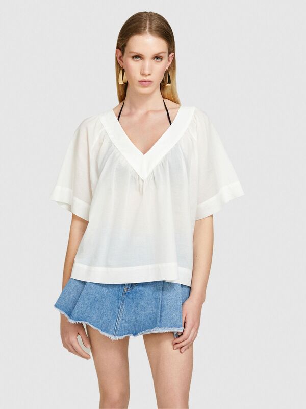 %100 Pamuk Pileli V Yaka Bluz Kadın Kırık Beyaz Bluz - 324P5HO1LQ06Q