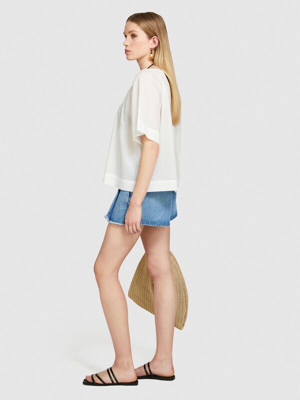 %100 Pamuk Pileli V Yaka Bluz Kadın Kırık Beyaz Bluz - 324P5HO1LQ06Q