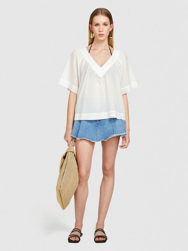 %100 Pamuk Pileli V Yaka Bluz Kadın Kırık Beyaz Bluz - 324P5HO1LQ06Q