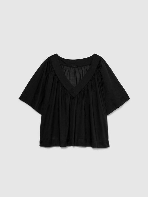 %100 Pamuk Pileli V Yaka Bluz Kadın Siyah Bluz - 324P5HO1LQ06Q