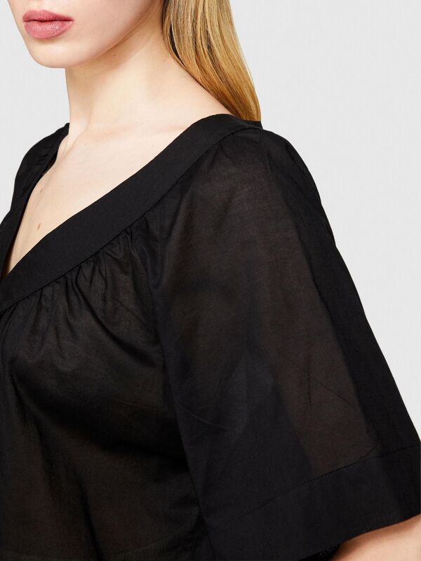 %100 Pamuk Pileli V Yaka Bluz Kadın Siyah Bluz - 324P5HO1LQ06Q