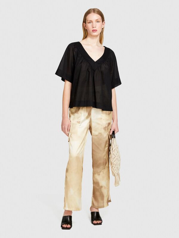 %100 Pamuk Pileli V Yaka Bluz Kadın Siyah Bluz - 324P5HO1LQ06Q