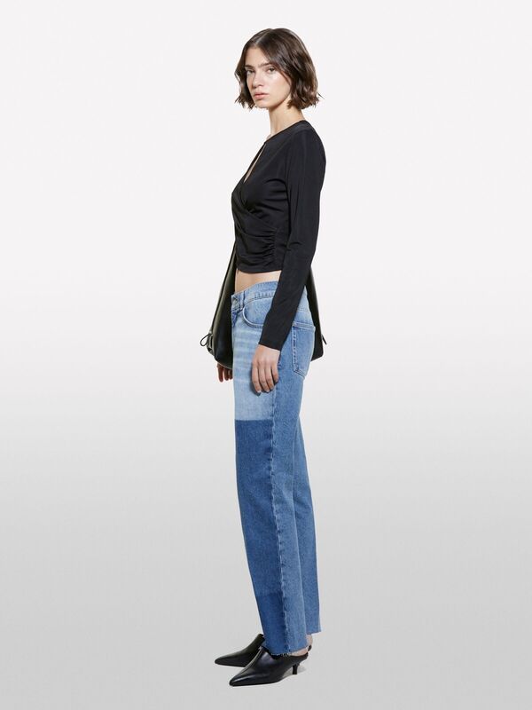 %100 Pamuk Renk Bloklu Düşük Bel Denim Pantolon Kadın Siyah Mix Pantolon - 324A43WTLE03M