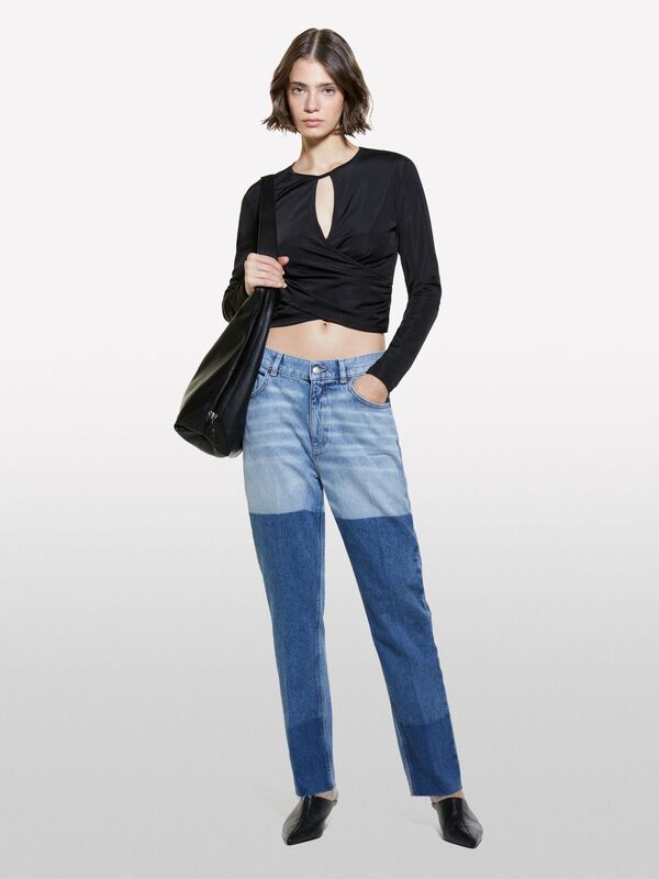 %100 Pamuk Renk Bloklu Düşük Bel Denim Pantolon Kadın Siyah Mix Pantolon - 324A43WTLE03M
