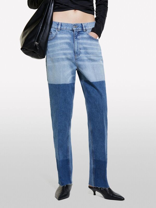 %100 Pamuk Renk Bloklu Düşük Bel Denim Pantolon Kadın Siyah Mix Pantolon - 324A43WTLE03M