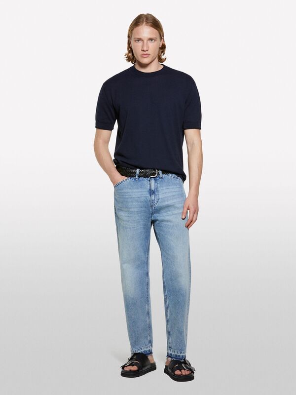 Sisley - %100 Pamuk Ribana Detaylı Kısa Kollu Kazak Erkek İndigo Kazak - 325P1028S104G