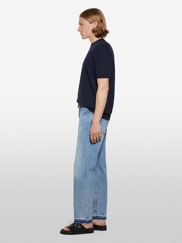 %100 Pamuk Ribana Detaylı Kısa Kollu Kazak Erkek İndigo Kazak - 325P1028S104G