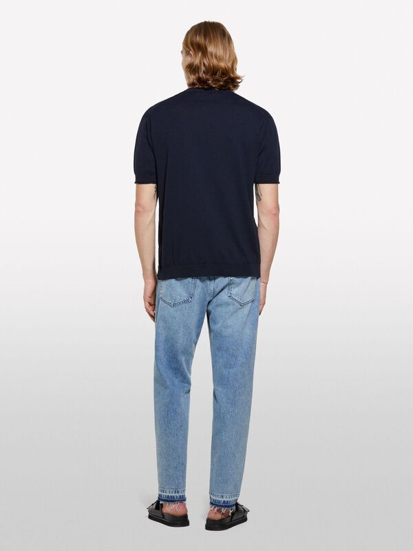 %100 Pamuk Ribana Detaylı Kısa Kollu Kazak Erkek İndigo Kazak - 325P1028S104G