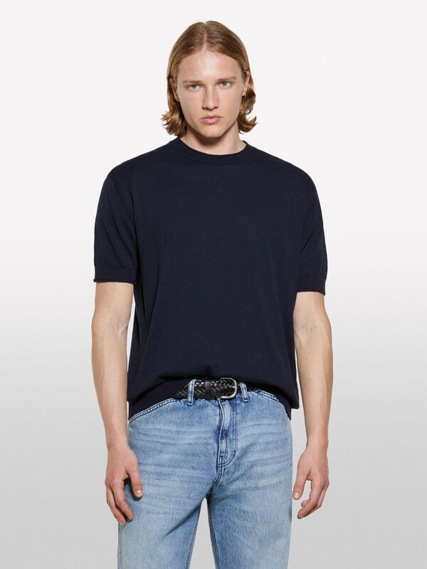 %100 Pamuk Ribana Detaylı Kısa Kollu Kazak Erkek İndigo Kazak - 325P1028S104G