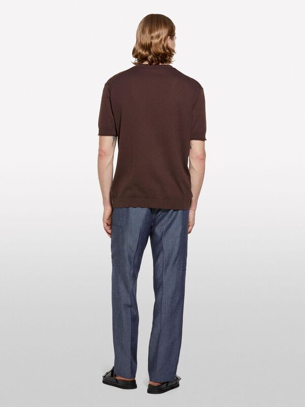 %100 Pamuk Ribana Detaylı Kısa Kollu Kazak Erkek kahverengi Kazak - 325P1028S104G