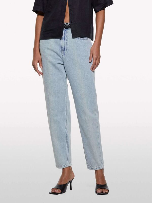 %100 Pamuk Taş Yıkama Normal Bel Mom Fit Denim Pantolon Kadın Mavi Denim Pantolon - 325P4TFHLE04I