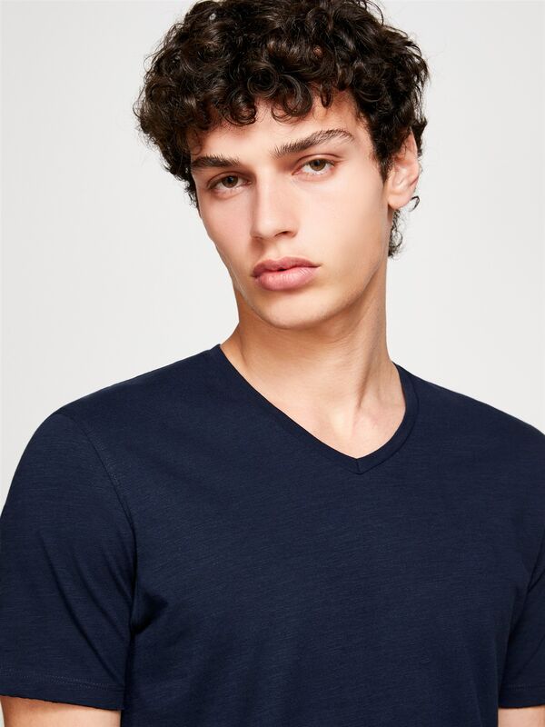 %100 Pamuk V Yaka Slim Fit T-Shirt Erkek Lacivert T-Shirt - 324P3WF0S4001