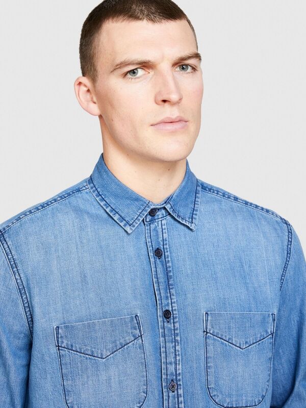 %100 Pamuk Yıkama Efektli Cep Detaylı Denim Gömlek Erkek Renkli Gömlek - 324P5FV6SQ017