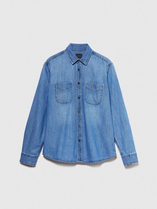 %100 Pamuk Yıkama Efektli Cep Detaylı Denim Gömlek Erkek Renkli Gömlek - 324P5FV6SQ017