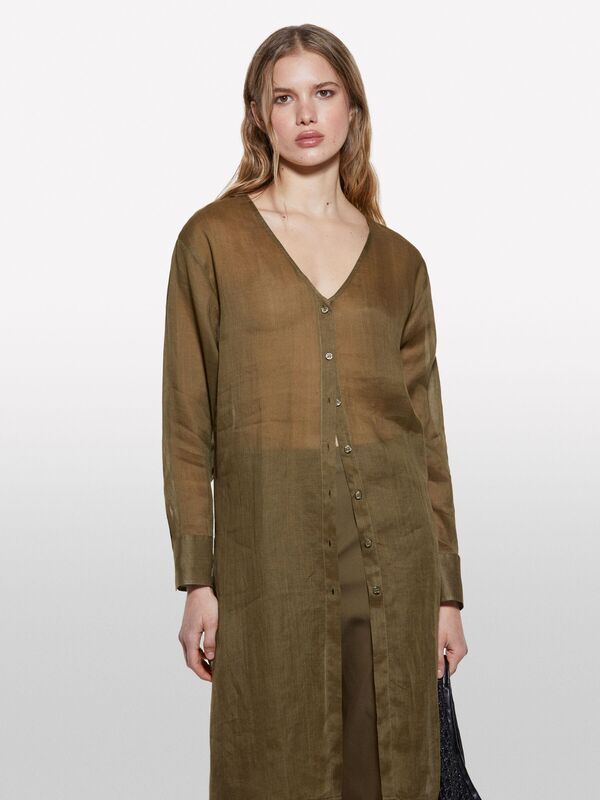 Sisley - %100 Rami Manşetli V Yaka Uzun Gömlek Kadın Yeşil Gömlek - 325P5XJZLQ096