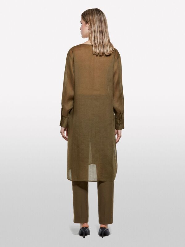 %100 Rami Manşetli V Yaka Uzun Gömlek Kadın Yeşil Gömlek - 325P5XJZLQ096