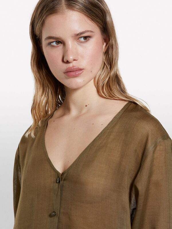 %100 Rami Manşetli V Yaka Uzun Gömlek Kadın Yeşil Gömlek - 325P5XJZLQ096