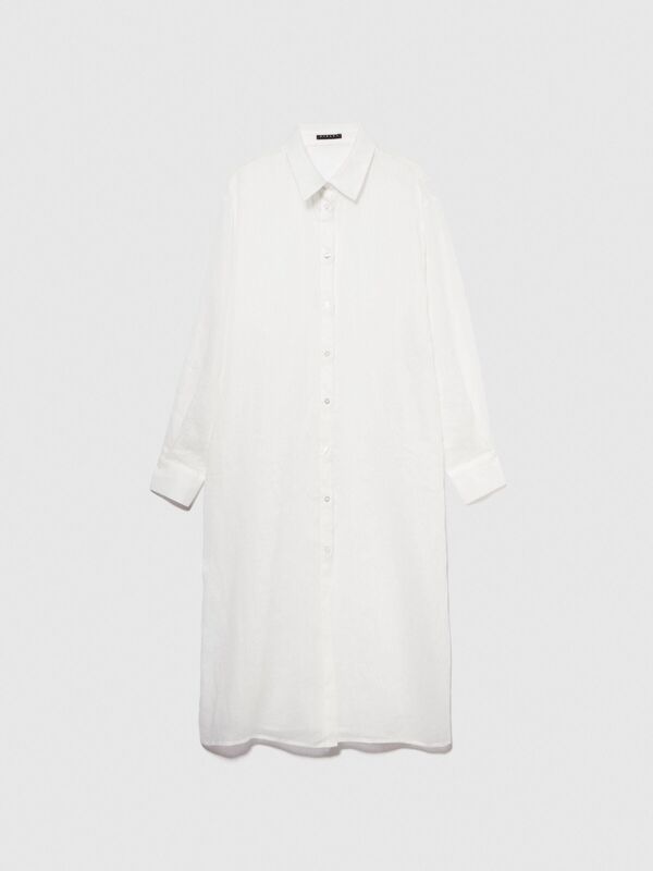 %100 Rami Önü Düğmeli Yanları Yüksek Yırtmaçlı Gömlek Kadın Kırık Beyaz Gömlek - 324P58IVLQ077