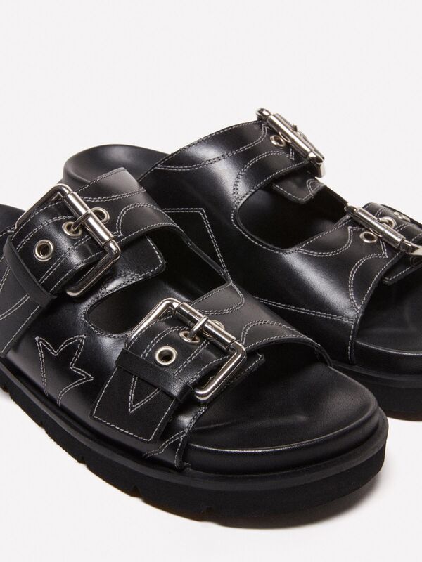 %100 Sığır Derisi Metal Tokalı 2 Bantlı Terlik Kadın Siyah Terlik - 325P8HOCWD031