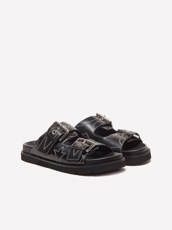 %100 Sığır Derisi Metal Tokalı 2 Bantlı Terlik Kadın Siyah Terlik - 325P8HOCWD031