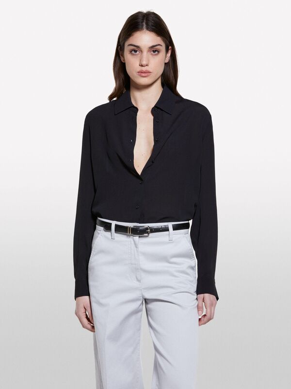 %100 Viskoz Arkası Uzun Over Fit Gömlek Kadın Siyah Gömlek - 325P5IDTLQ08R