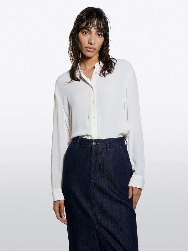 %100 Viskoz Asimetrik Oversize Gömlek Kadın Krem Gömlek - 325A5IDTLQ09G