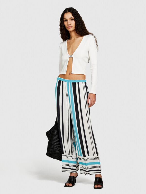 %100 Viskoz Beli Lastikli Paça Detaylı Desenli Kloş Pantolon Kadın Lacivert Pantolon - 324P4VJDLF05C