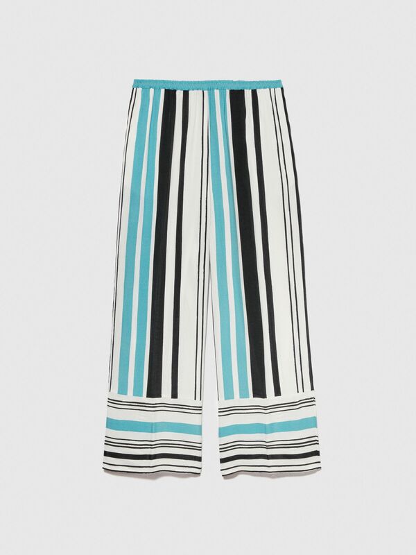 %100 Viskoz Beli Lastikli Paça Detaylı Desenli Kloş Pantolon Kadın Lacivert Pantolon - 324P4VJDLF05C