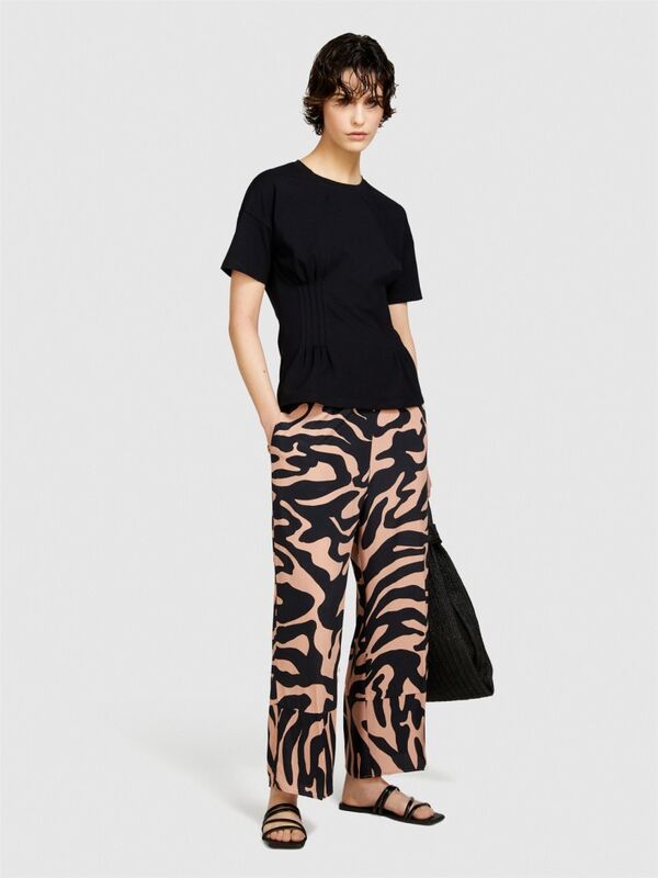 %100 Viskoz Beli Lastikli Paça Detaylı Desenli Kloş Pantolon Kadın Mavi Pantolon - 324P4VJDLF05C