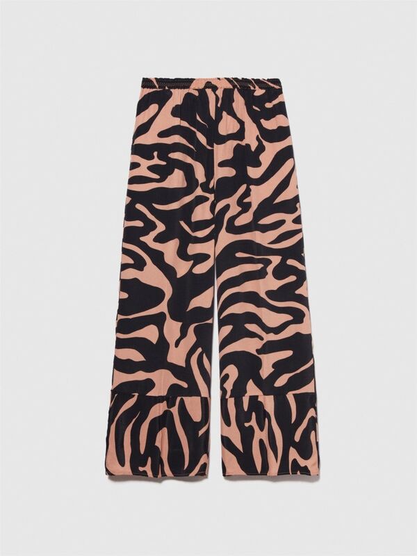 %100 Viskoz Beli Lastikli Paça Detaylı Desenli Kloş Pantolon Kadın Mavi Pantolon - 324P4VJDLF05C