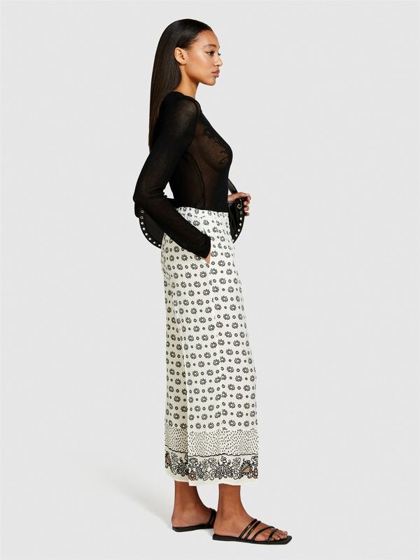 %100 Viskoz Beli Lastikli Paça Detaylı Desenli Kloş Pantolon Kadın Turuncu Pantolon - 324P4VJDLF05C