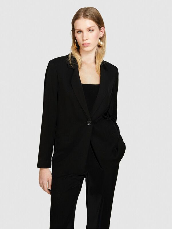 %100 Viskoz Cebi Biyeli Tek Düğmeli Saten Blazer Ceket Kadın Siyah Ceket - 324P29NMLW023