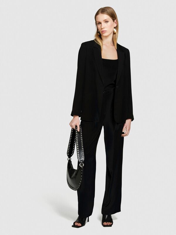 %100 Viskoz Cebi Biyeli Tek Düğmeli Saten Blazer Ceket Kadın Siyah Ceket - 324P29NMLW023
